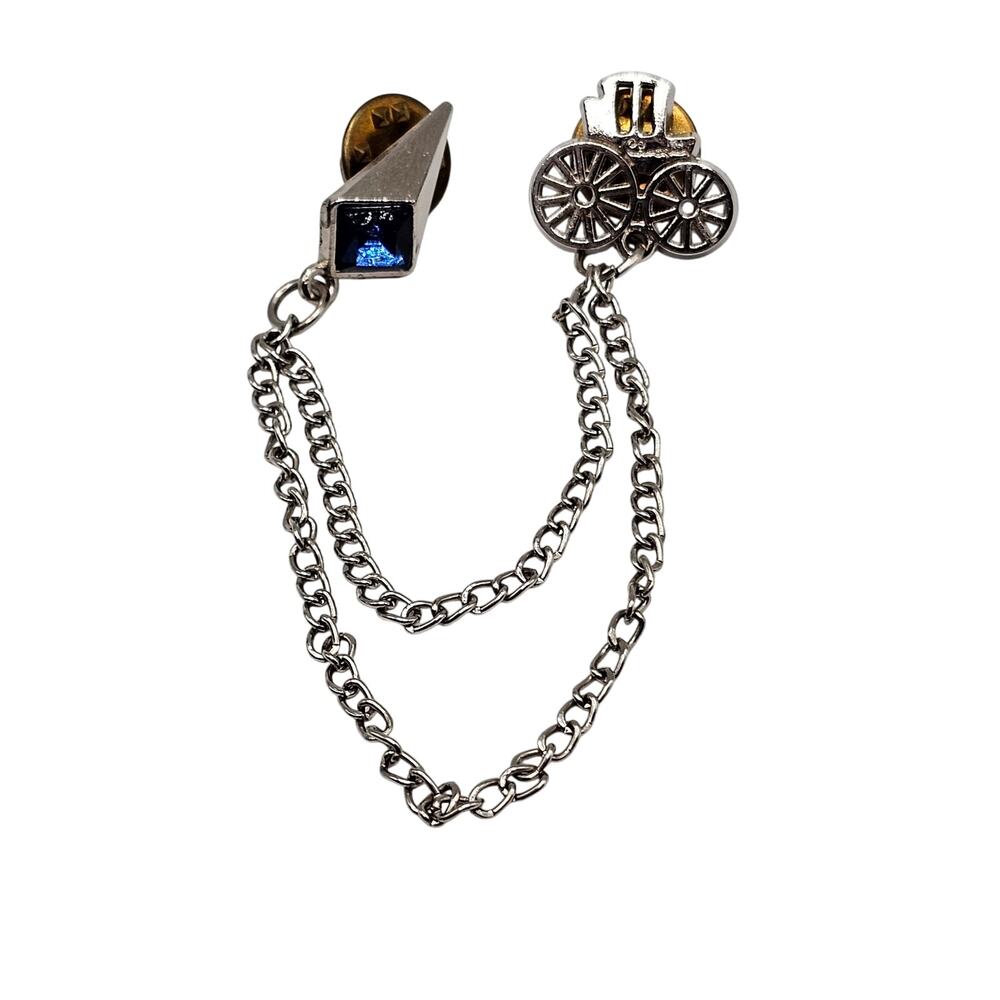Vintage Sweater Clip Pin Brooch Amish Buggy Stagecoach Silvertone w/ Rhinestone